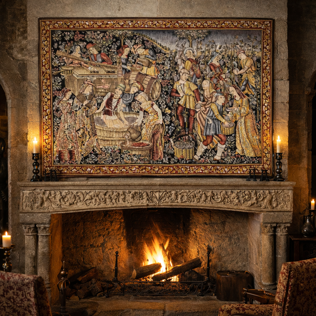 Tapisserie moderne et mécanique reproduisant une tapisserie médiévale de scène de vendanges Tapisserie moderne et mécanique reproduisant une tapisserie médiévale de scène de vendanges