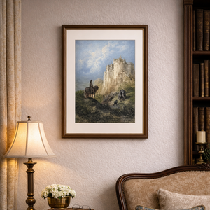 Cadre colorisé Gustave Doré Camelot — gravure colorée sur fond gris, fabriqué en France