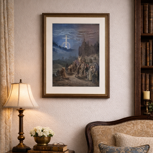Cadre colorisé Gustave Doré Vision de la Croix — gravure colorée sur fond gris, fabriqué en France