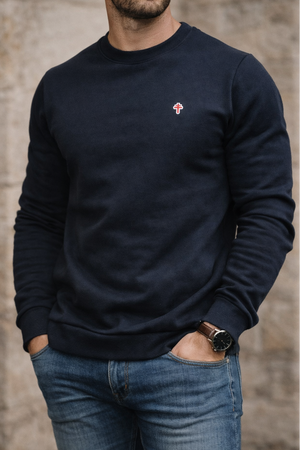 Sweat Croix de Lorraine bleu marine — vue de face sur fond gris, fabriqué en France
