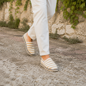 Espadrilles fabriquées artisanalement dans le Berry — vue de face, semelle feutre tressé, Terre de France