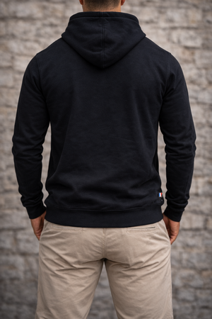 Sweat à capuche Tricolore — vue de dos, hood noir, fabriqué en France