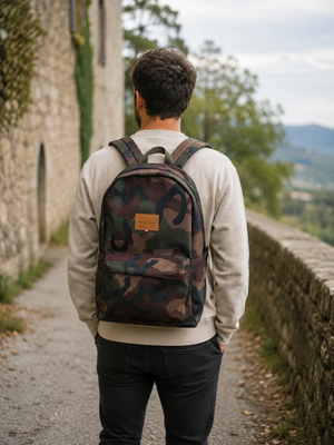 Sac à dos camouflage porté — vue en situation, tissu déperlant, fabriqué dans le Val-de-Marne