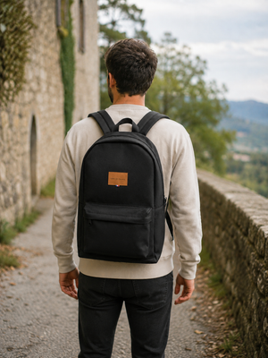 Sac à dos noir porté — vue en situation, bretelles réglables, fabriqué dans le Val-de-Marne