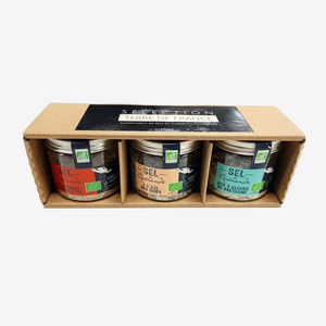 Coffret sels de Guérande aromaticés — vue d'ensemble du coffret, fabriqué en Loire-Atlantique