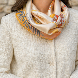Foulard soie Grandes Plaines tour de cou — porté de face, fabriqué en France