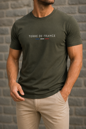 T-shirt Terre de France kaki — vue de face, logo Terre de France, fabriqué en France