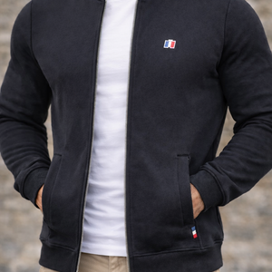 Teddy gilet Tricolore noir — vue de face sur fond gris, fabriqué en France
