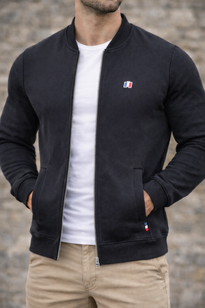 Teddy gilet Tricolore noir — vue de face sur fond gris, fabriqué en France