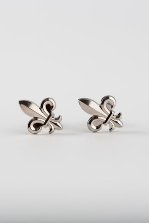 Boutons de manchette Fleur de Lys zamac platinum — vue de face, fabriqués en Maine-et-Loire