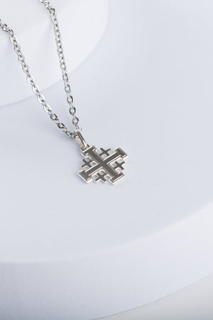 Croix de Jérusalem argent passivé — vue de face, croisades 1099, fabriquée en France