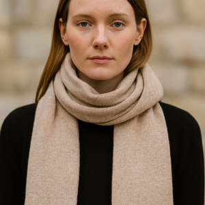 Écharpe unie beige portée — vue de face, fabriquée en France