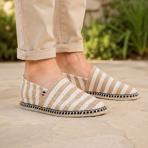 Espadrilles fabriquées artisanalement dans le Berry — vue de face, semelle feutre tressé, Terre de France
