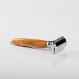 Rasoir de sûreté bois naturel — vue de face, fabriqué en France