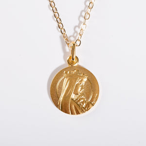 Médaille Vierge Couronnée plaquée or 18k — vue de face, Marie et l'Enfant Jésus, fabriquée en France