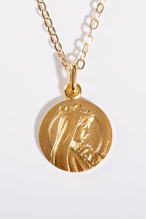 Médaille Vierge Couronnée plaquée or 18k — vue de face, Marie et l'Enfant Jésus, fabriquée en France