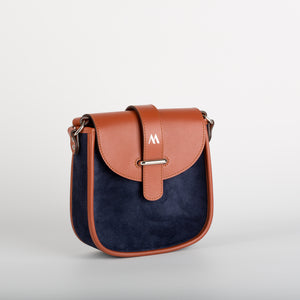 Sac à main Maë cuir vachette et velours bleu nuit — vue de face, fabriqué en Haute-Vienne