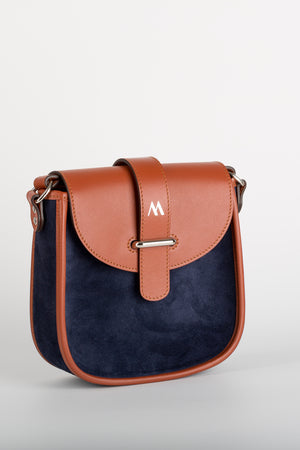 Sac à main Maë cuir vachette et velours bleu nuit — vue de face, fabriqué en Haute-Vienne