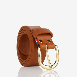 Ceinture femme cuir français marron — vue de face sur fond gris, largeur 28mm, fabriquée en France