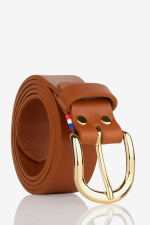 Ceinture femme cuir français marron — vue de face sur fond gris, largeur 28mm, fabriquée en France