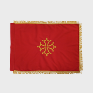 Drapeau de l'Occitanie coton — croix occitane brodée, frange dorée, fabriqué en Provence
