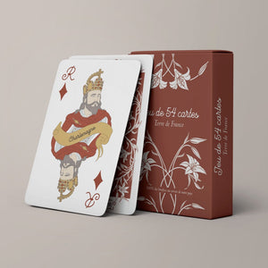 Jeu de 54 cartes Terre de France — souverains de France, boite et cartes déployées, fabriqué en France