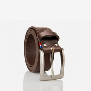 Ceinture homme cuir marron pleine fleur — vue de face, boucle zamac 35mm, fabriquée en France