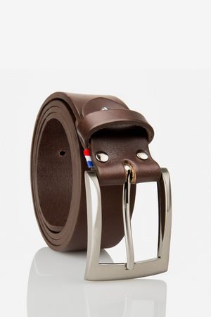 Ceinture homme cuir marron pleine fleur — vue de face, boucle zamac 35mm, fabriquée en France