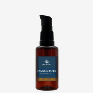 Huile à barbe cèdre et patchouli — vue sur fond gris, fabriquée en France
