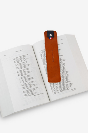 Marque-pages en cuir tricolore — vue d'ensemble sur fond gris, fabriqué dans le Tarn